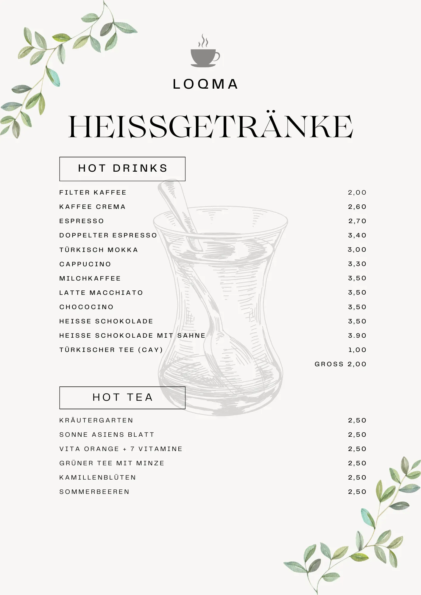 Seite 1 unserer Speisekarte mit unseren heisen Gertranken