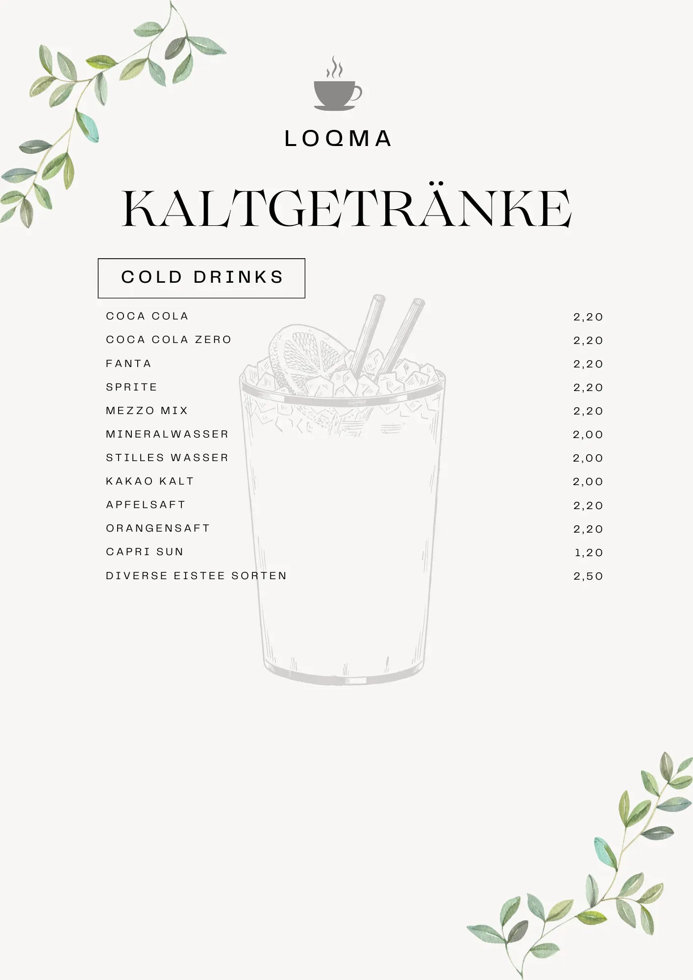 Seite 2 unserer Speisekarte mit unseren kalten Gertranken